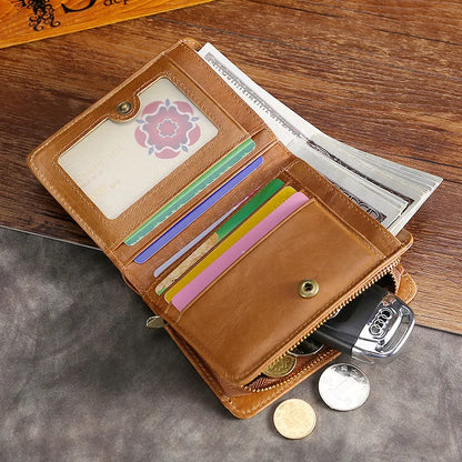 Oil Wax Leather Men S Short Wallet Zipper Pocket Coin Purse
