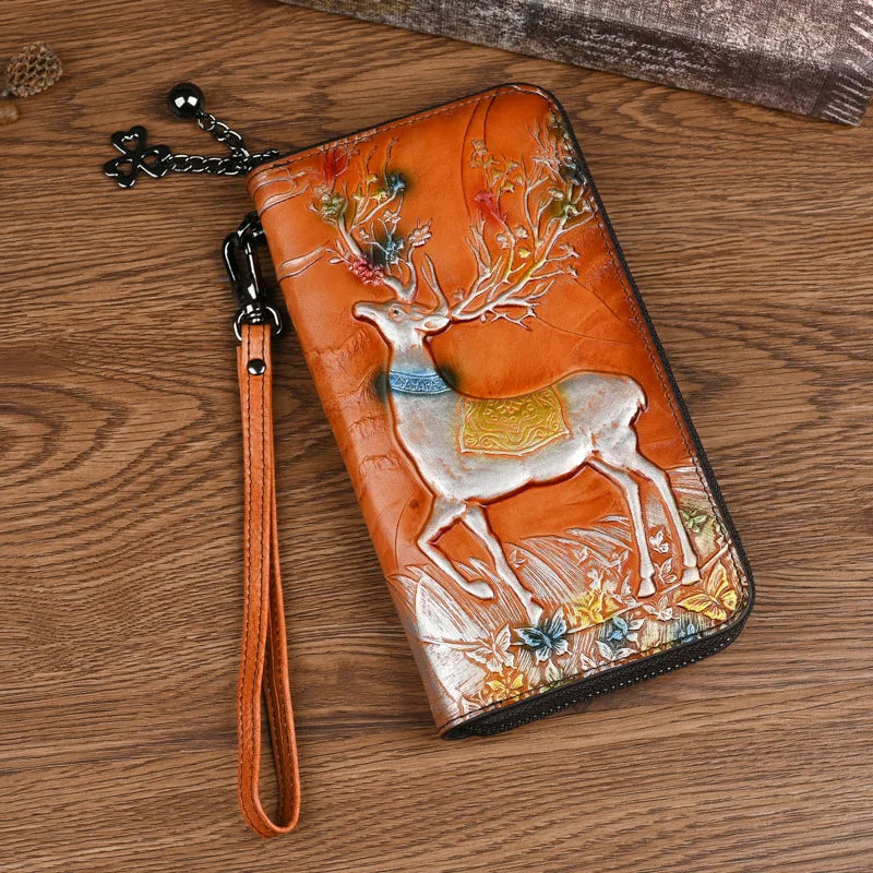 Top Layer Cowhide Coin Purse Deer-Head Embossed Multi-Position