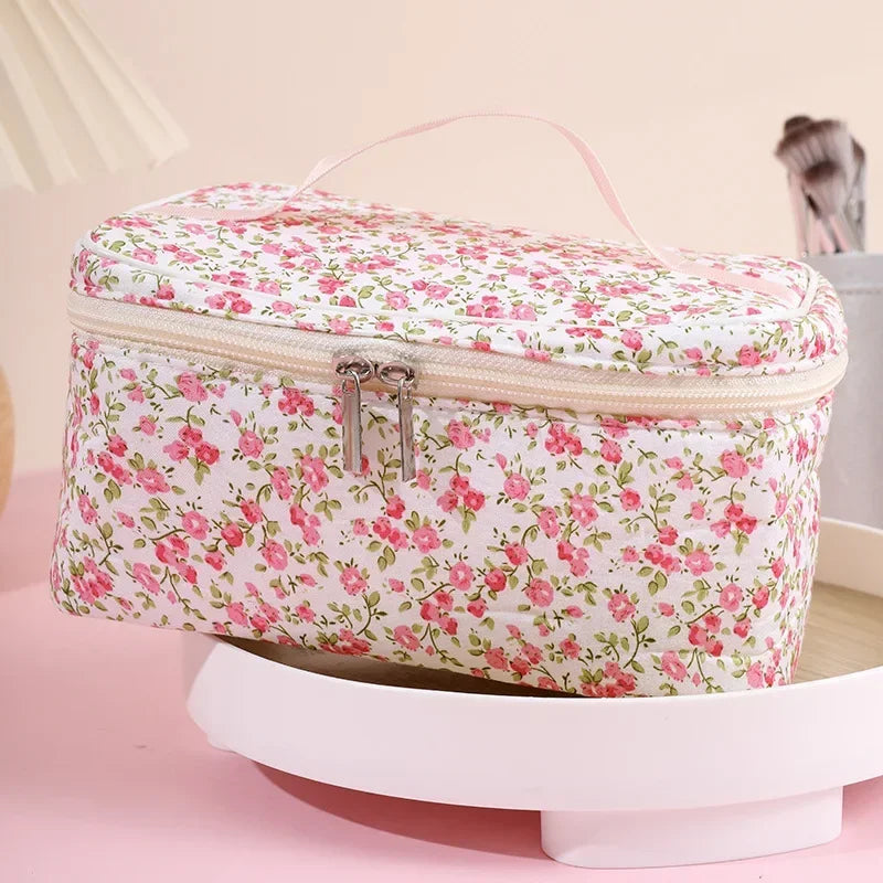 Women Cotton Makeup Bags Vintage Cosmetic Case Flower Large Capacity Tote Portable Storage Handbag