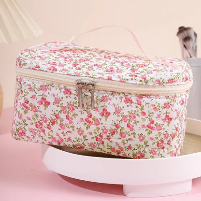 Women Cotton Makeup Bags Vintage Cosmetic Case Flower Large Capacity Tote Portable Storage Handbag