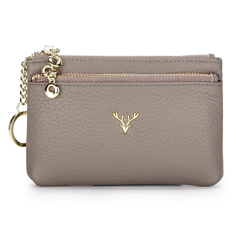 Cowhide Mini Coin Purse Multi-Function Key Bag Stylish Leather Premium Hardware Deer Head Zipper