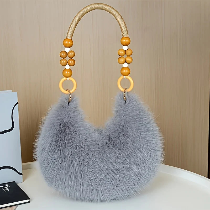 Fluffy Faux Fur Tote Bag with Wooden Bead Handle