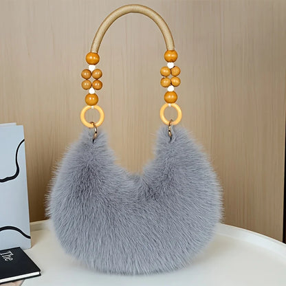 Fluffy Faux Fur Tote Bag with Wooden Bead Handle
