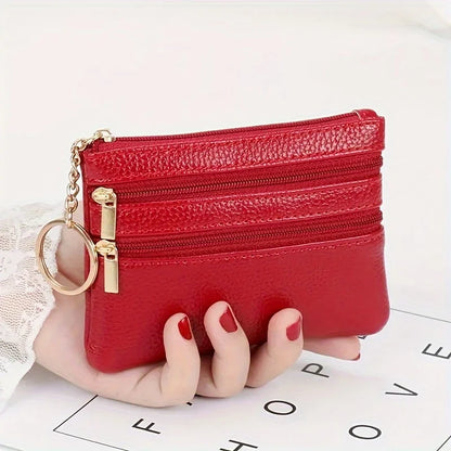 Leather Multi Zipper Pouch Mini Coin Purse Keyring Split Pocket Compact Card Cash Storage Wallet