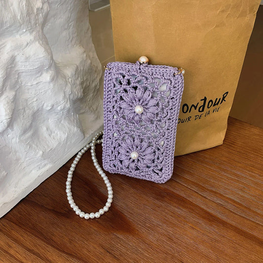Hollow Floral Crochet Phone Purse Pearl Chain Mini Crossbody Bag Hand Woven Small Shoulder Mobile