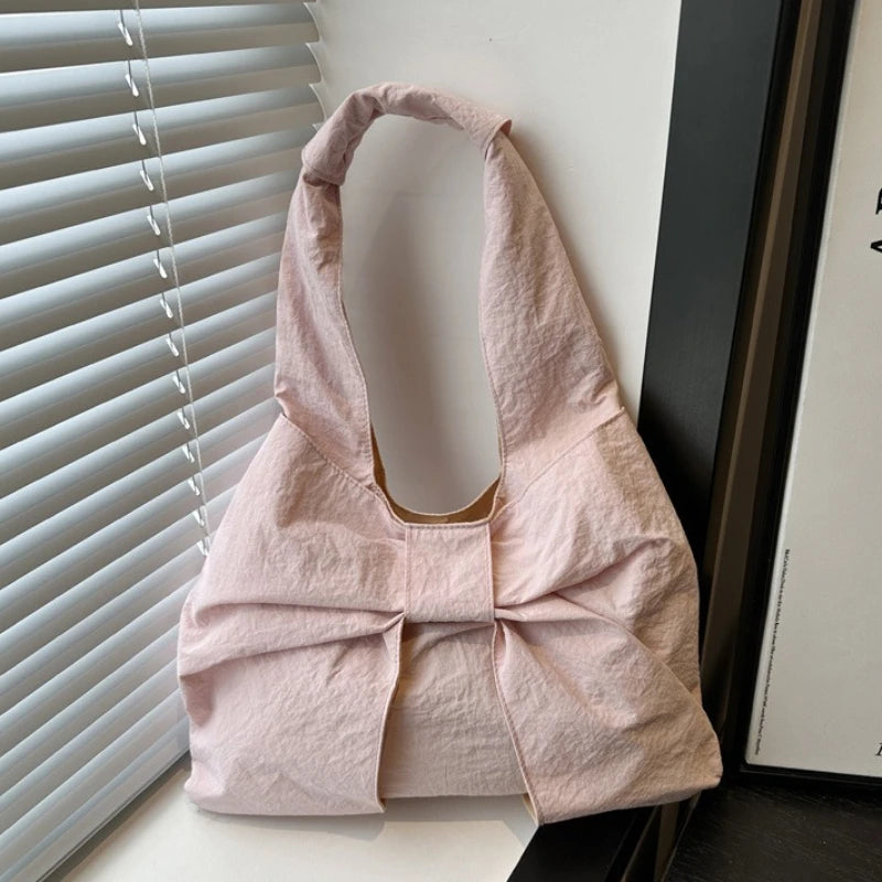 Checkered Canvas Tote Bag with Oversized Bow - Underarm Shoulder Handbag