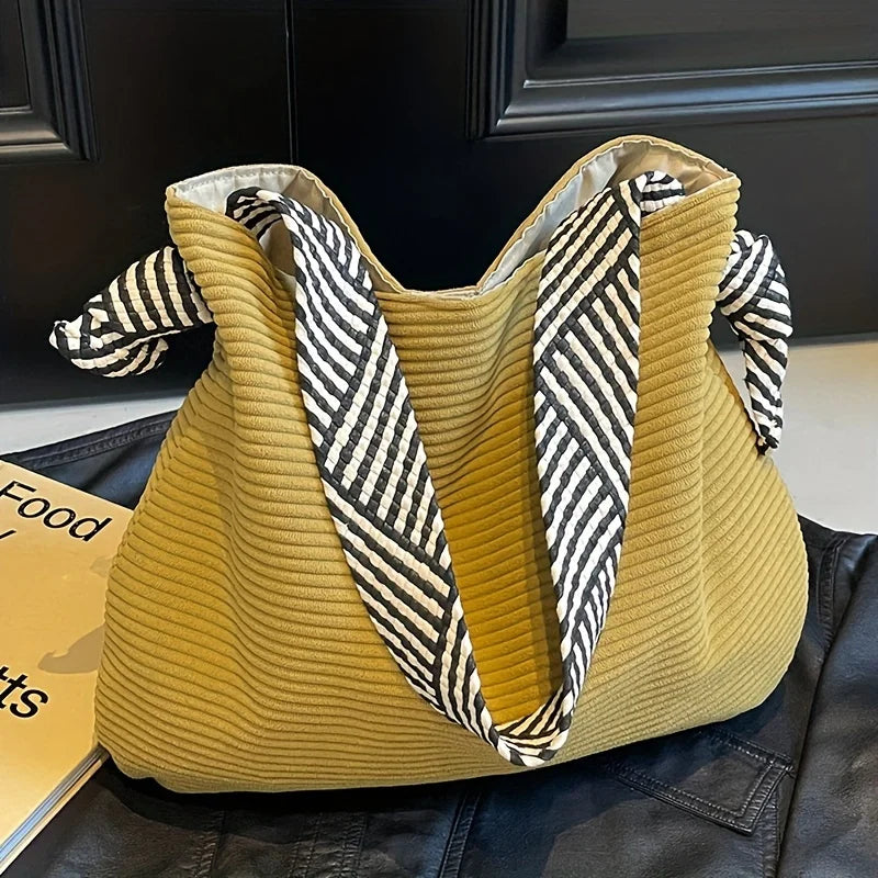 Women's Corduroy Tote Bag – Casual Shoulder Handbag with Striped Handles