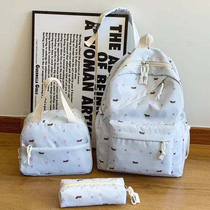 Chic Puppy Print Backpack Set 3pcs Handbag Pen Pouch Stitching Detail Multi Pocket Adjustable Straps