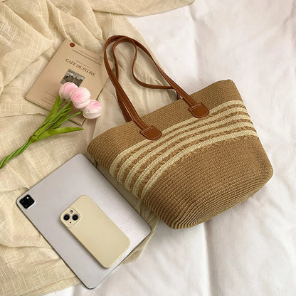 Vacation Beach Handbag Woven Stripe Pattern Women Tote Bag Large Capacity Versatile Shoulder Summer