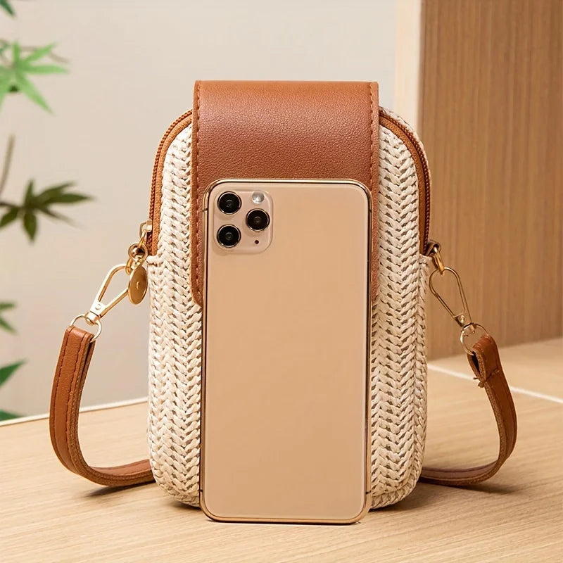 Mini Crossbody Phone Bag for Women – Cute Straw & Leather Boho Purse