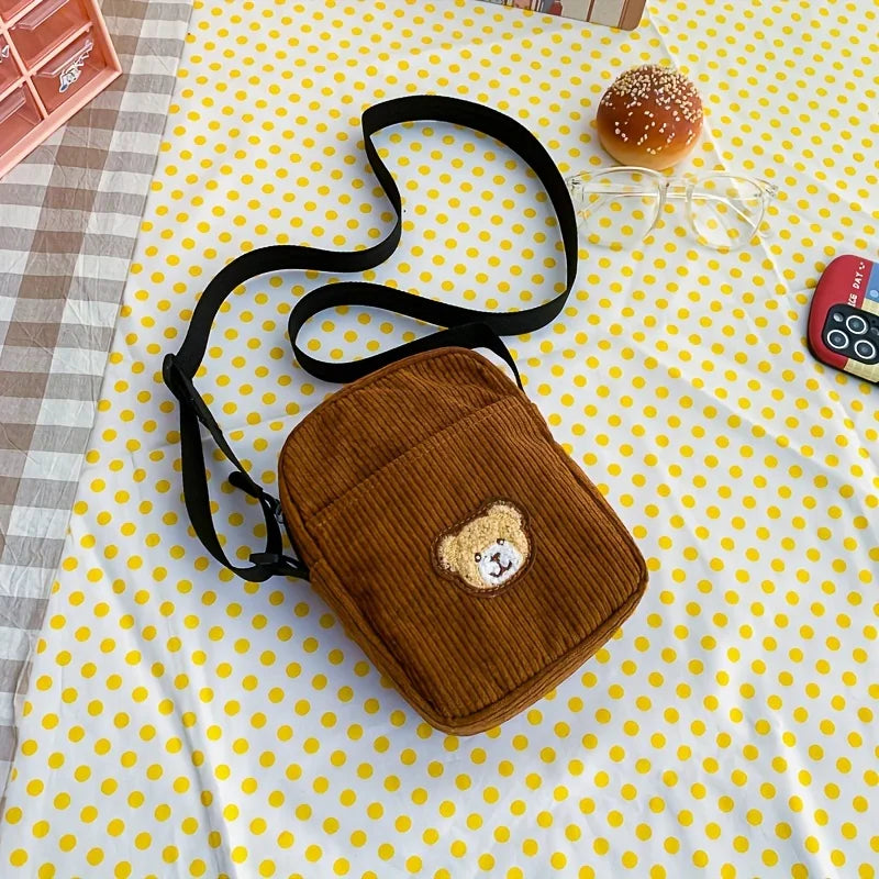 Girls Portable Corduroy Bear Phone Crossbody Bag Mobile Phone Coin Purse Fashionable Cross Small Bag