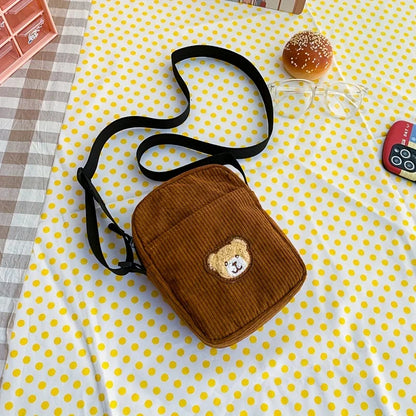 Girls Portable Corduroy Bear Phone Crossbody Bag Mobile Phone Coin Purse Fashionable Cross Small Bag