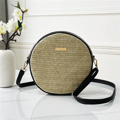 Straw Woven Round Shoulder Bag – Vintage Boho Handbag