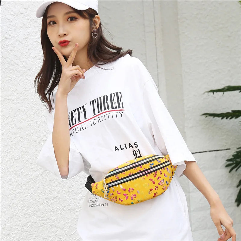 Fashionable Waist Bag Double Zipper Butterfly Multifunctional Shoulder Crossbody Pu Change Mobile