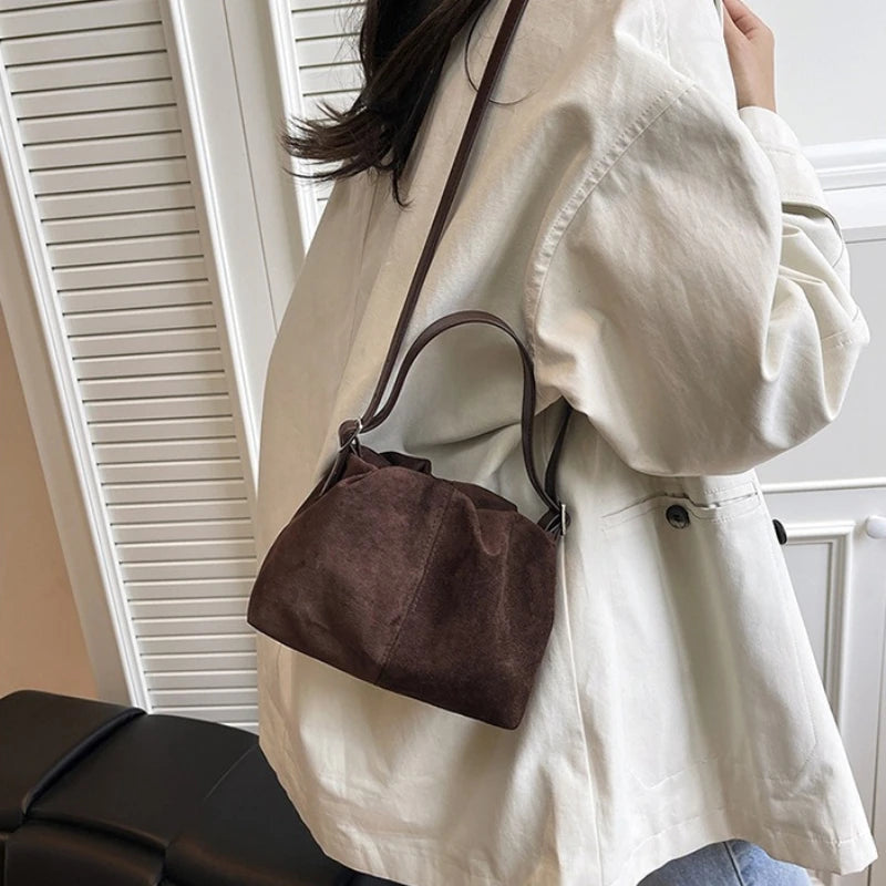 Suede Ruched Mini Bucket Bag with Detachable Strap