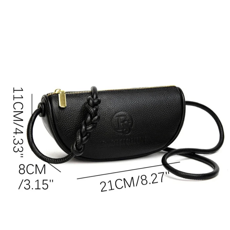 Leather Crescent Crossbody Mini Shoulder Bag – Braided Strap Daily Commute Bag