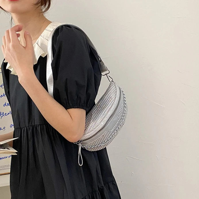 Chic Women Bling Rhinestone Fanny Pack Wide Strap Sling Crossbody Bag Sparkly Diamond Waist Purse