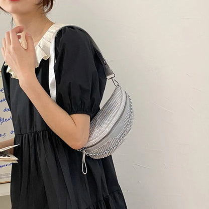 Chic Women Bling Rhinestone Fanny Pack Wide Strap Sling Crossbody Bag Sparkly Diamond Waist Purse