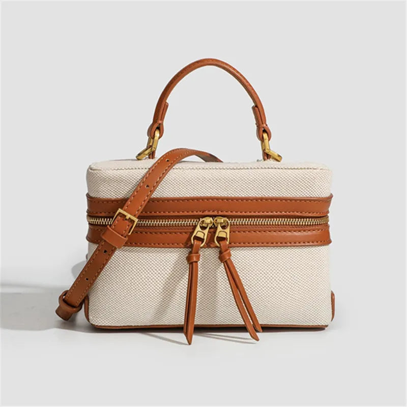 Canvas & Leather Box Bag – Retro Crossbody Tote for Women