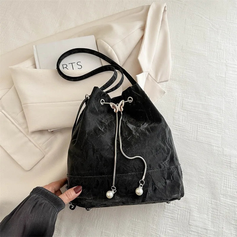 Drawstring Tote Bag Butterfly Pearl Convertible 2-In-1 Backpack Single Shoulder Purse - Soft