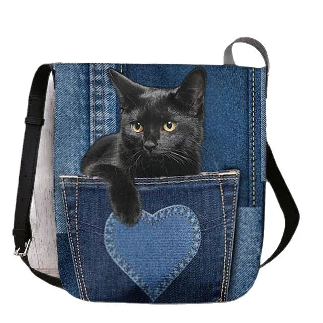 Women's Denim Crossbody Bag – Cute Cat Print Shoulder Bag
