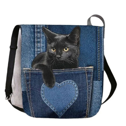 Women's Denim Crossbody Bag – Cute Cat Print Shoulder Bag