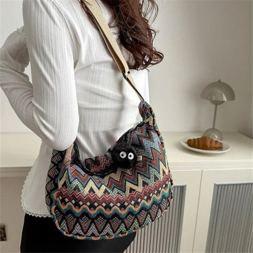 Boho Half Moon Crossbody Bag – Handwoven Colorful Pattern Shoulder Purse