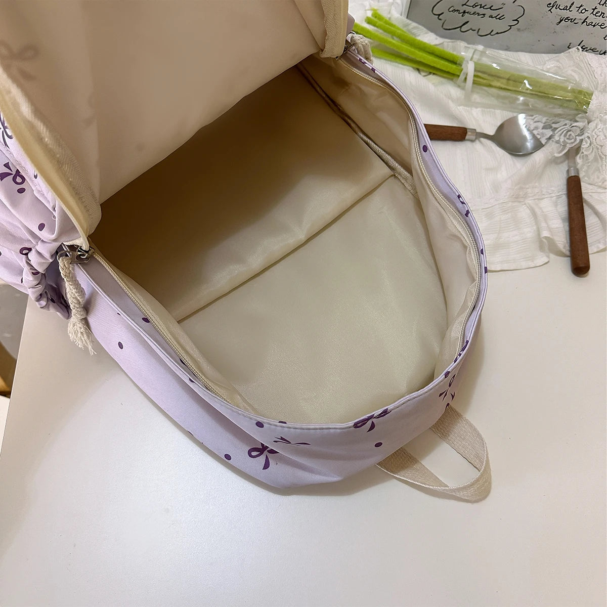Women S Backpack - Bow Dot Print Nylon School Bag Adjustable Straps Multiple Compartments College