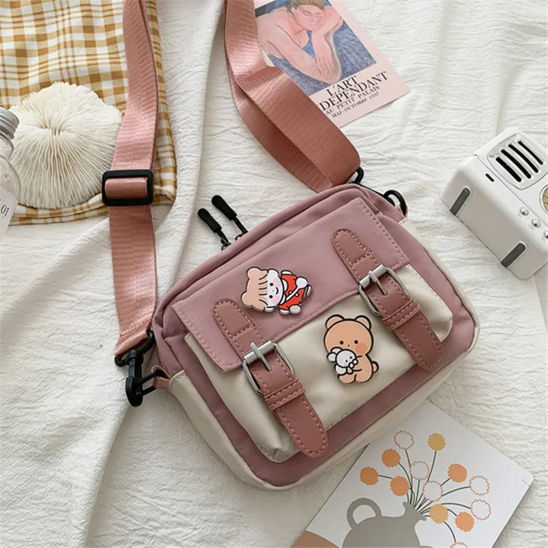 Girl S Nylon Shoulder Bag Badge Harajuku Shoulder Bag Casual Square Cute Messenger Bag Women Travel