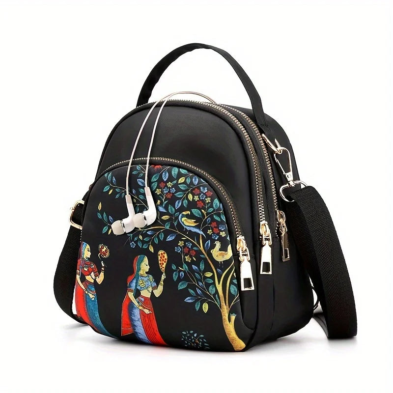 Multi Layer Crossbody Bag Mini Dome Handbag Ethnic Style Pattern Backpack Women