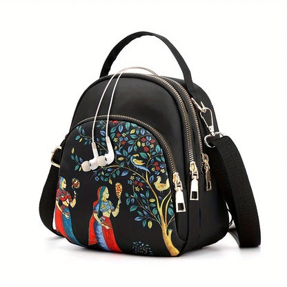 Multi Layer Crossbody Bag Mini Dome Handbag Ethnic Style Pattern Backpack Women