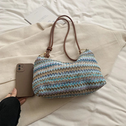 Women S Striped Woven Straw Tote Bag - Lightweight Large Capacity Detachable Coin Purse Zip Closure