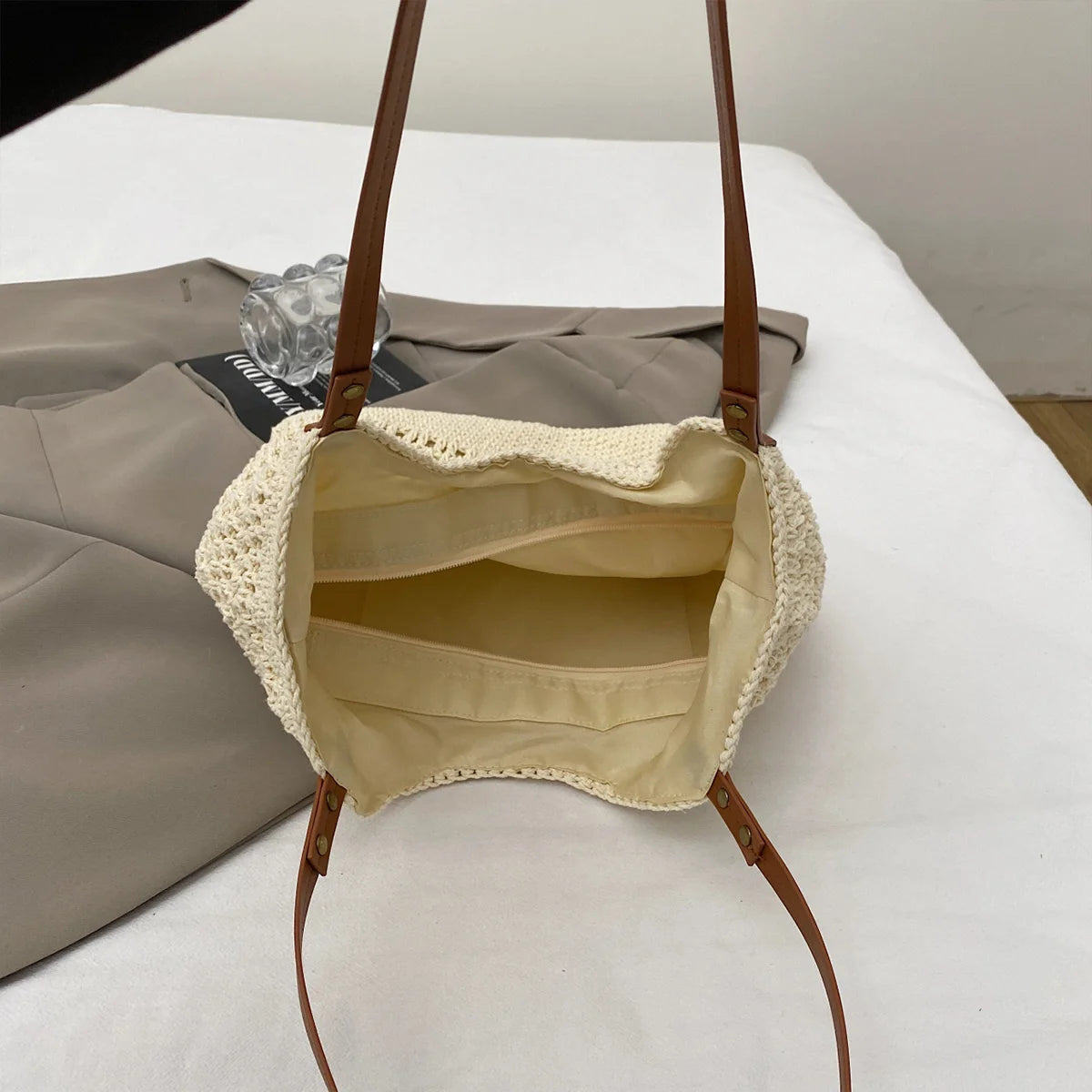 Fresh Vacation Women Tote Bag Open Weave Lightweight Soft Shoulder Large Capacity Breathable Handbag
