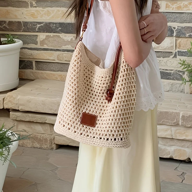 Minimalist Beige Woven Tote Bag Brown Handles Versatile Shoulder Bags