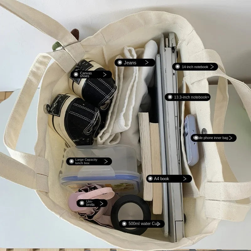 Letter Ins Canvas Bag Student Handbag Book Bags Large Capacity Shoulder Teen Men Women Shopping Work
