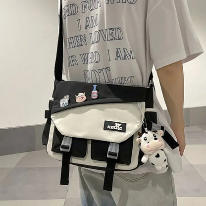 Harajuku Nylon Messenger Bag with Cute Badge Pins – Large Capacity