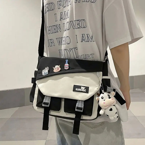 Harajuku Nylon Messenger Bag with Cute Badge Pins – Large Capacity