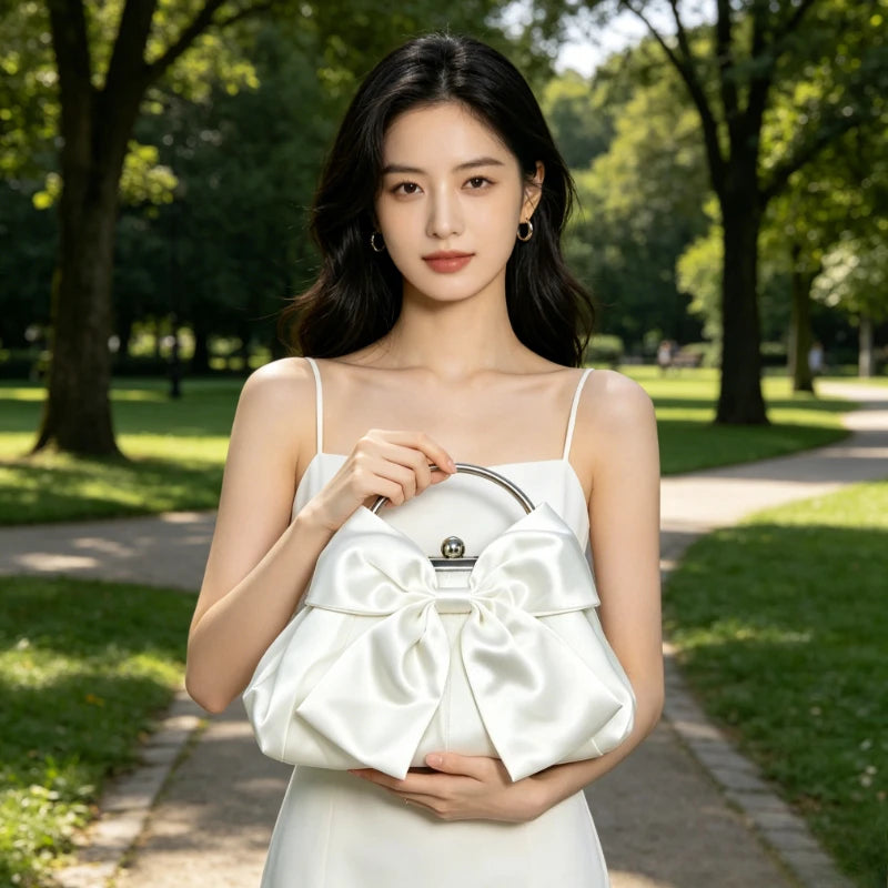 Satin Bow Clutch Bag for Women – Kiss Lock Top Handle Handbag