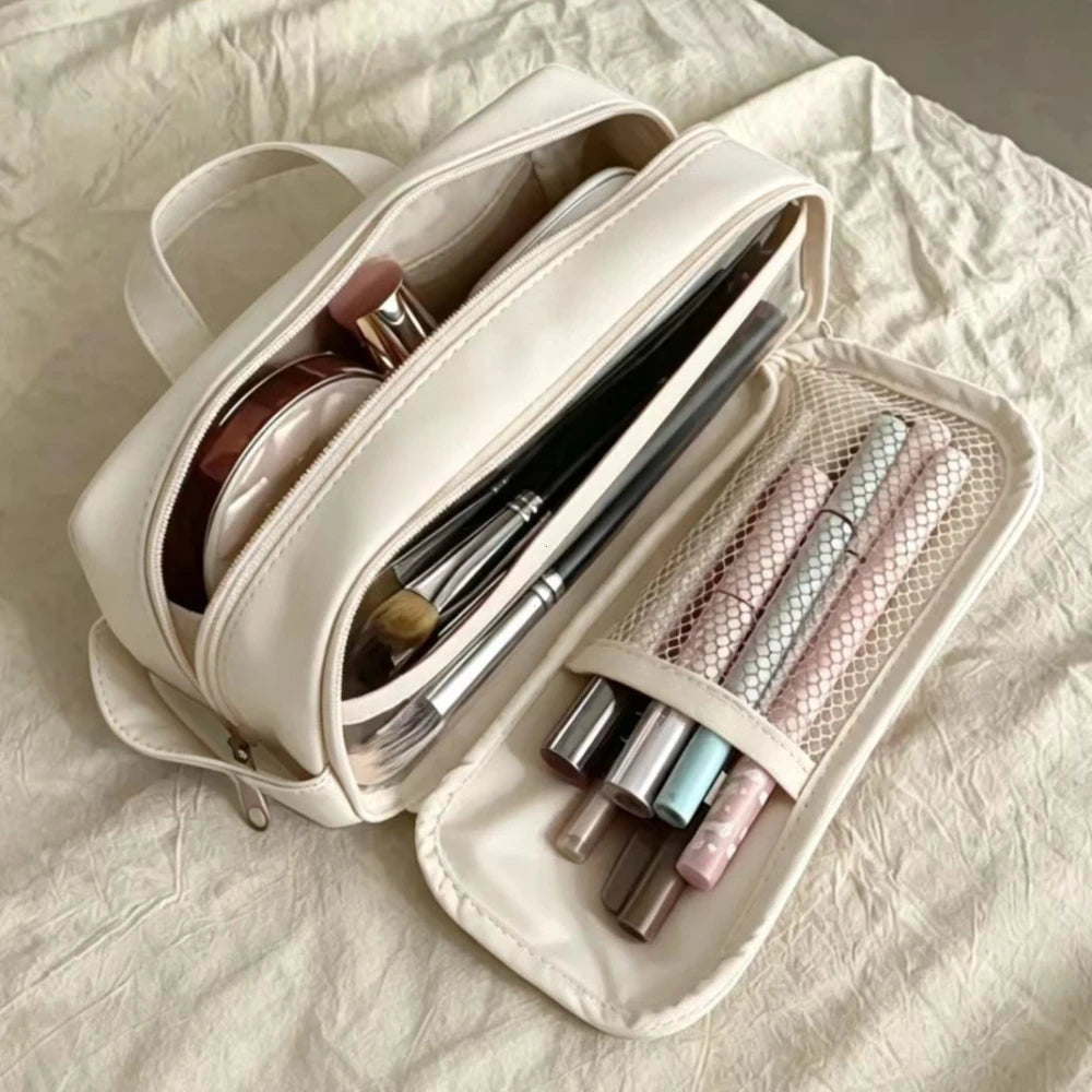 Double Layer Cosmetic Bag Nylon Travel Makeup Organizer Large Capacity Toiletry Multifunction Pencil
