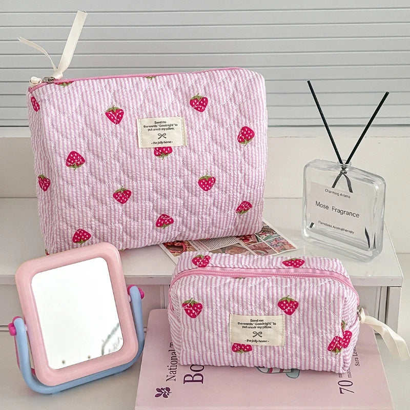 Pink Strawberry Women Cosmetic Quilted Bag Portable Travel Organizer Toiletry Makeup Storage Pouch