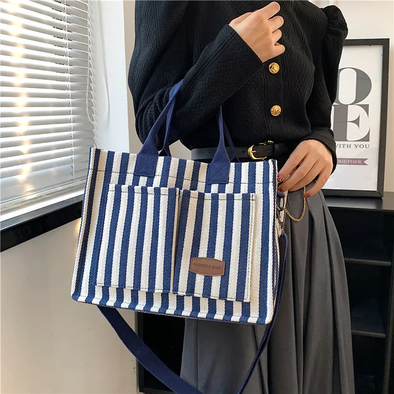 Large Capacity Women S Shoulder Bag Cool Street Handbag Trendy Striped Canvas Crossbody Bag