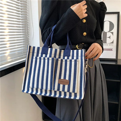 Large Capacity Women S Shoulder Bag Cool Street Handbag Trendy Striped Canvas Crossbody Bag