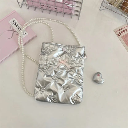 Satin Mini Phone Bag – Bow Embossed Pearl Chain Shoulder Purse