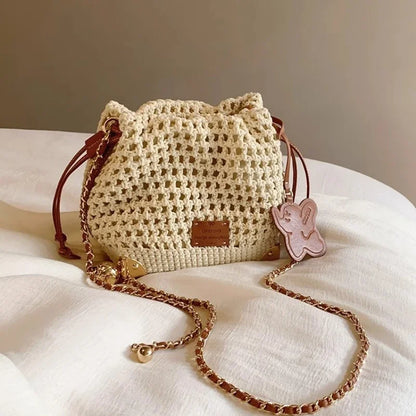 Knit Crochet Bucket Crossbody Bag with Gold Chain Strap & Charm