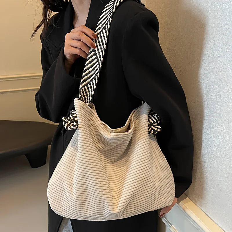 Women's Corduroy Tote Bag – Casual Shoulder Handbag with Striped Handles