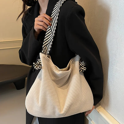 Women's Corduroy Tote Bag – Casual Shoulder Handbag with Striped Handles
