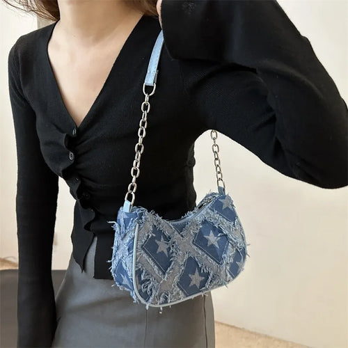 Checkered Denim Shoulder Bag – Y2K Chain Strap Hobo