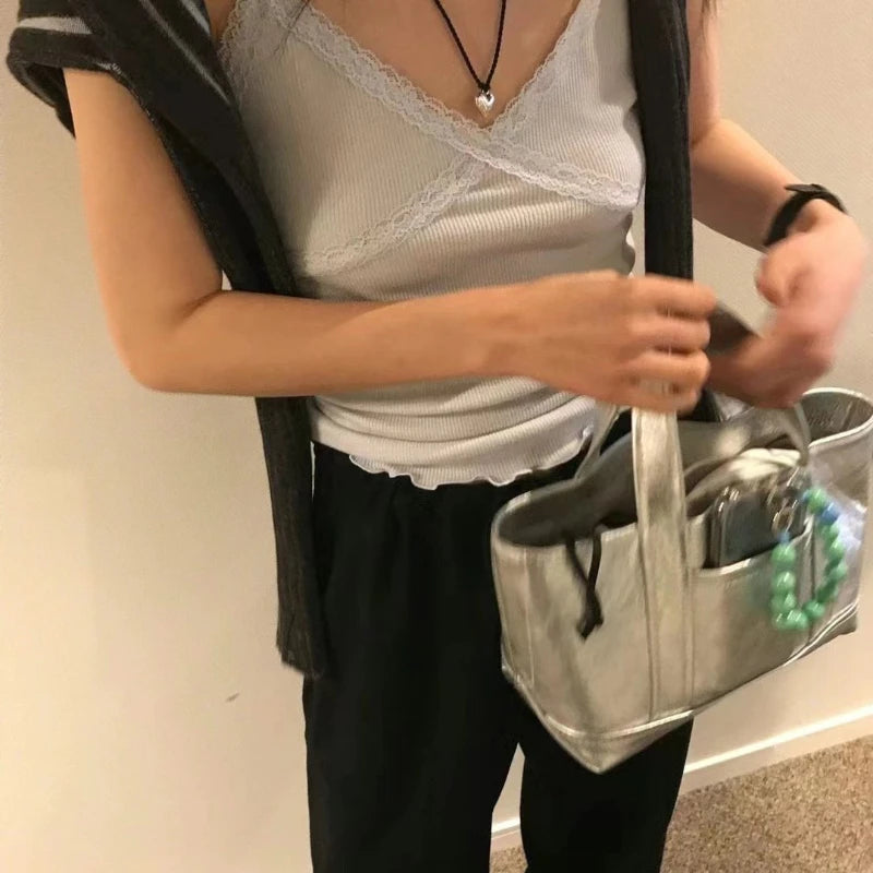 French Silver Everyday Tote Bag Pu Leather Exquisite Lightweight Handle Handbag