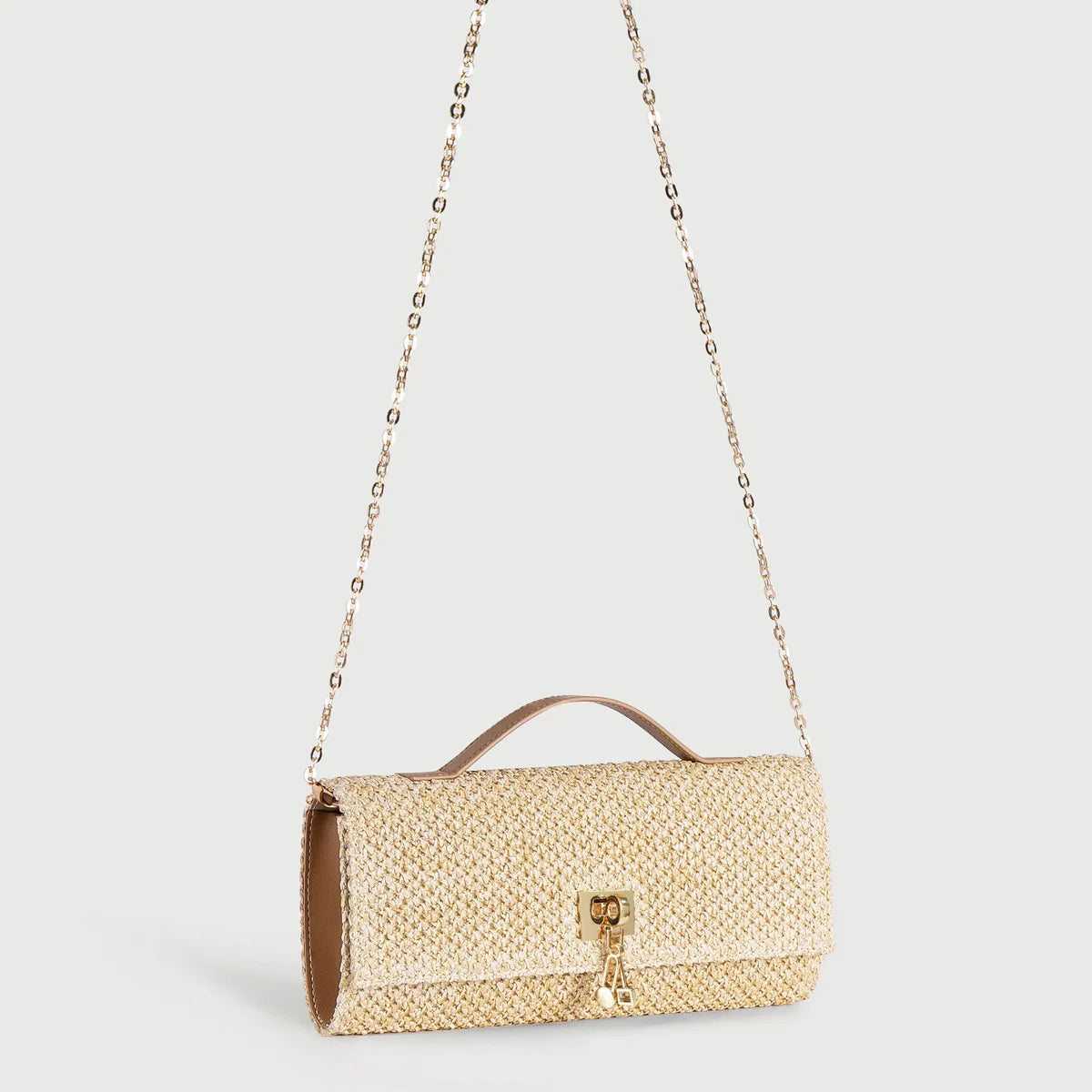 Straw Woven Clutch Bag – Gold Chain Crossbody Purse with Lock Closure