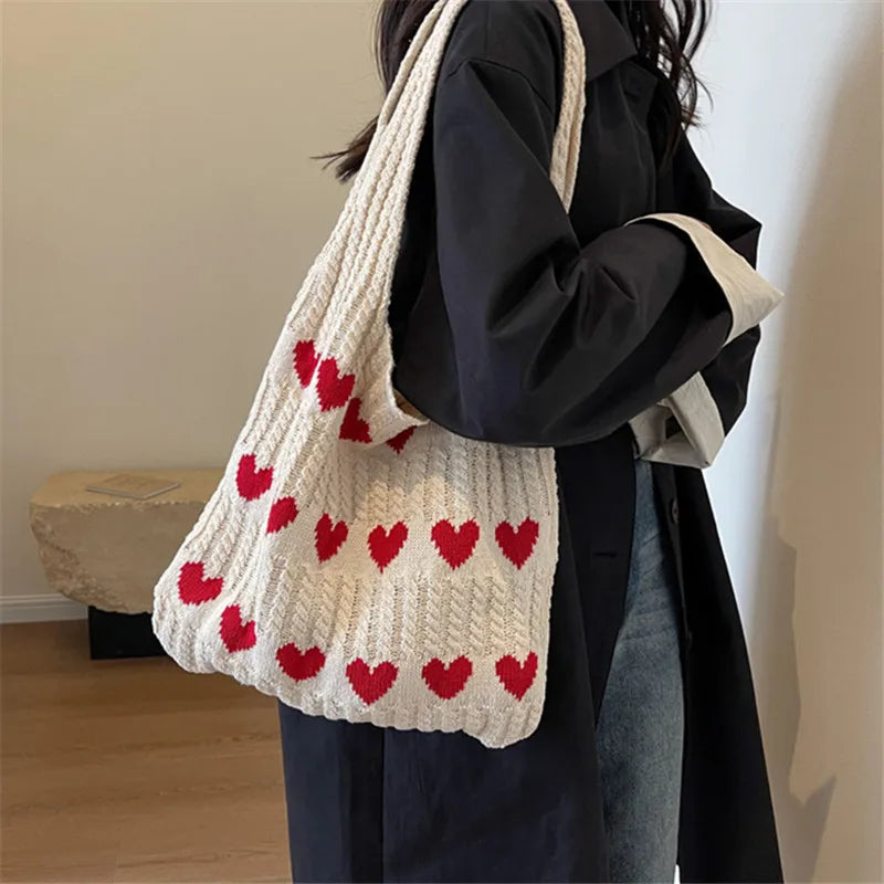 Knitted Love Pattern Tote Bag Stylish Woven Handbag Shoulder Bag Women Party Work